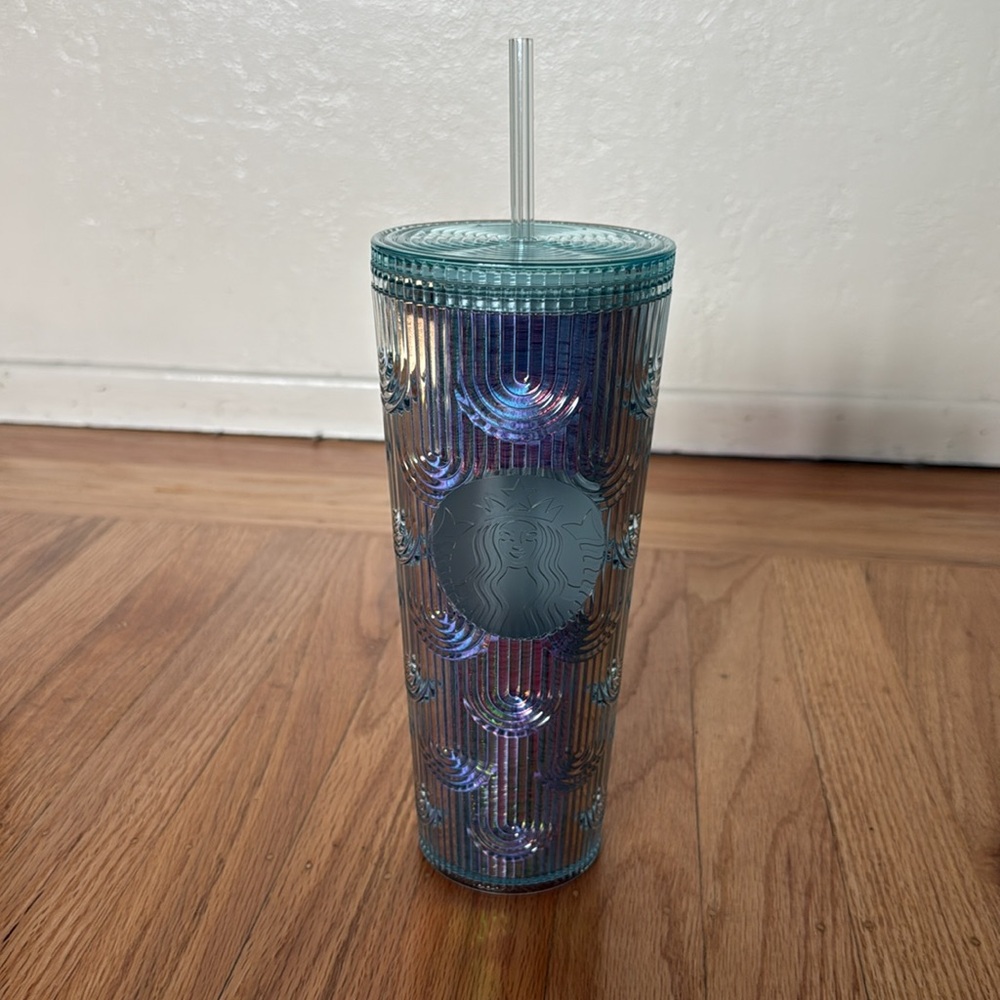 Starbucks Iridescent Aqua Blue Reusable Cold Cup Tumbler with Straw